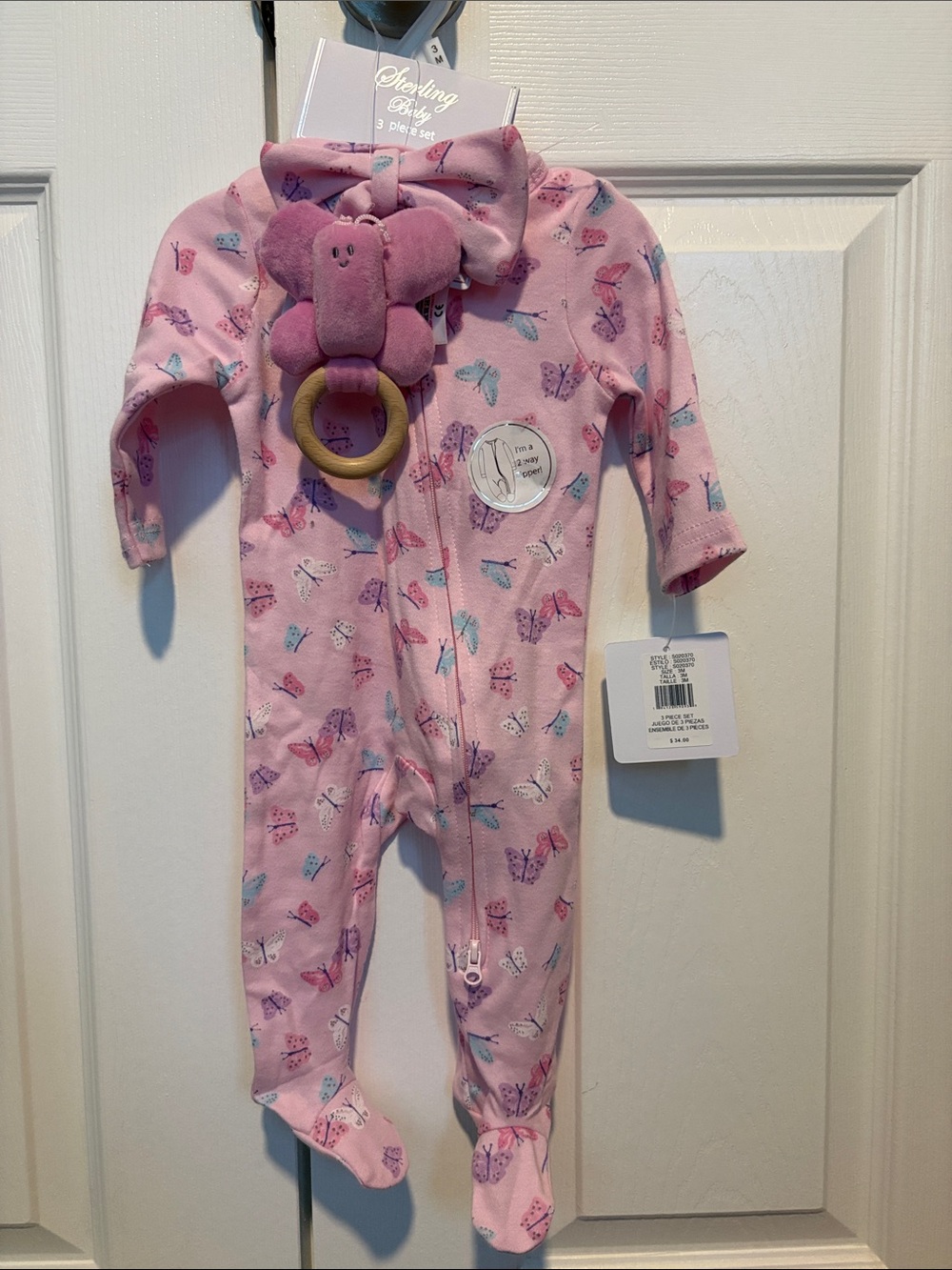 Sterling Baby Pink Butterfly Footed One-Piece with Teether
